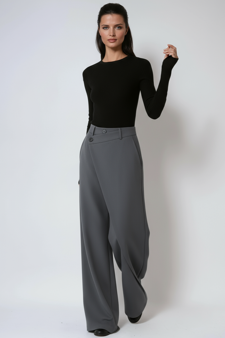 Women's Woven Wide-Leg Pants with Wrap Front and Button Waist