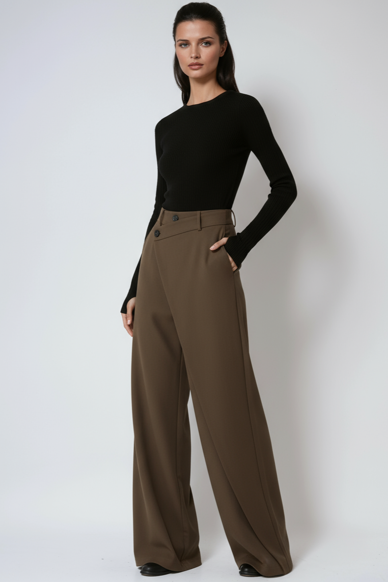 Women's Woven Wide-Leg Pants with Wrap Front and Button Waist