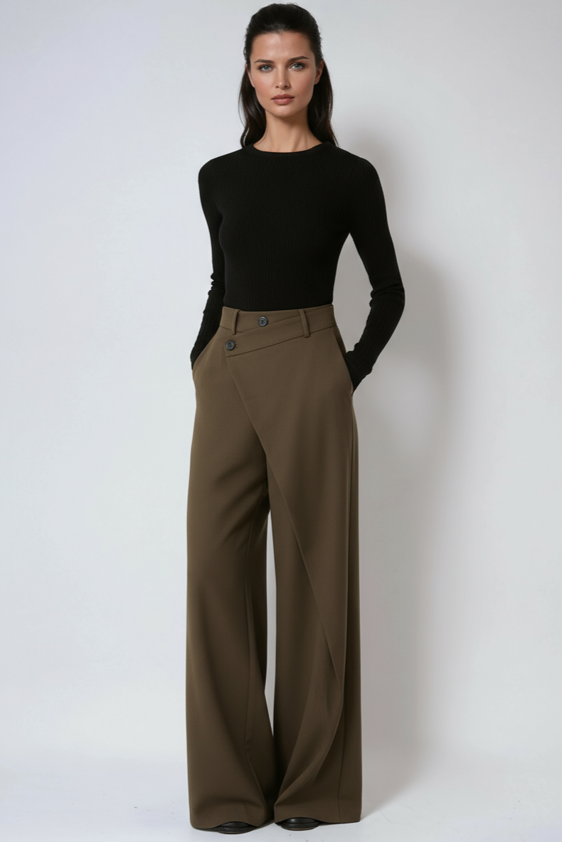 Women's Woven Wide-Leg Pants with Wrap Front and Button Waist