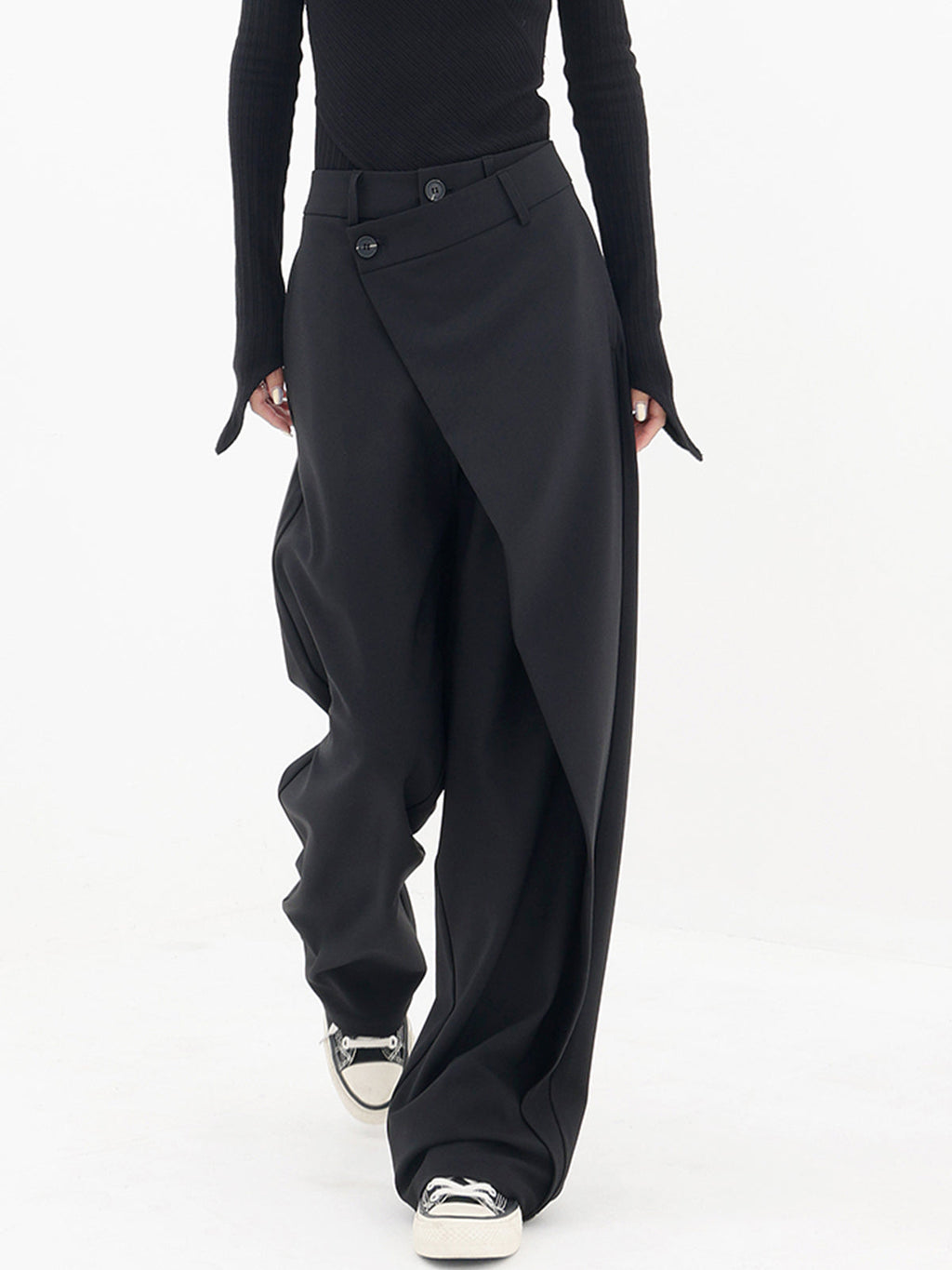 Women's Woven Wide-Leg Pants with Wrap Front and Button Waist