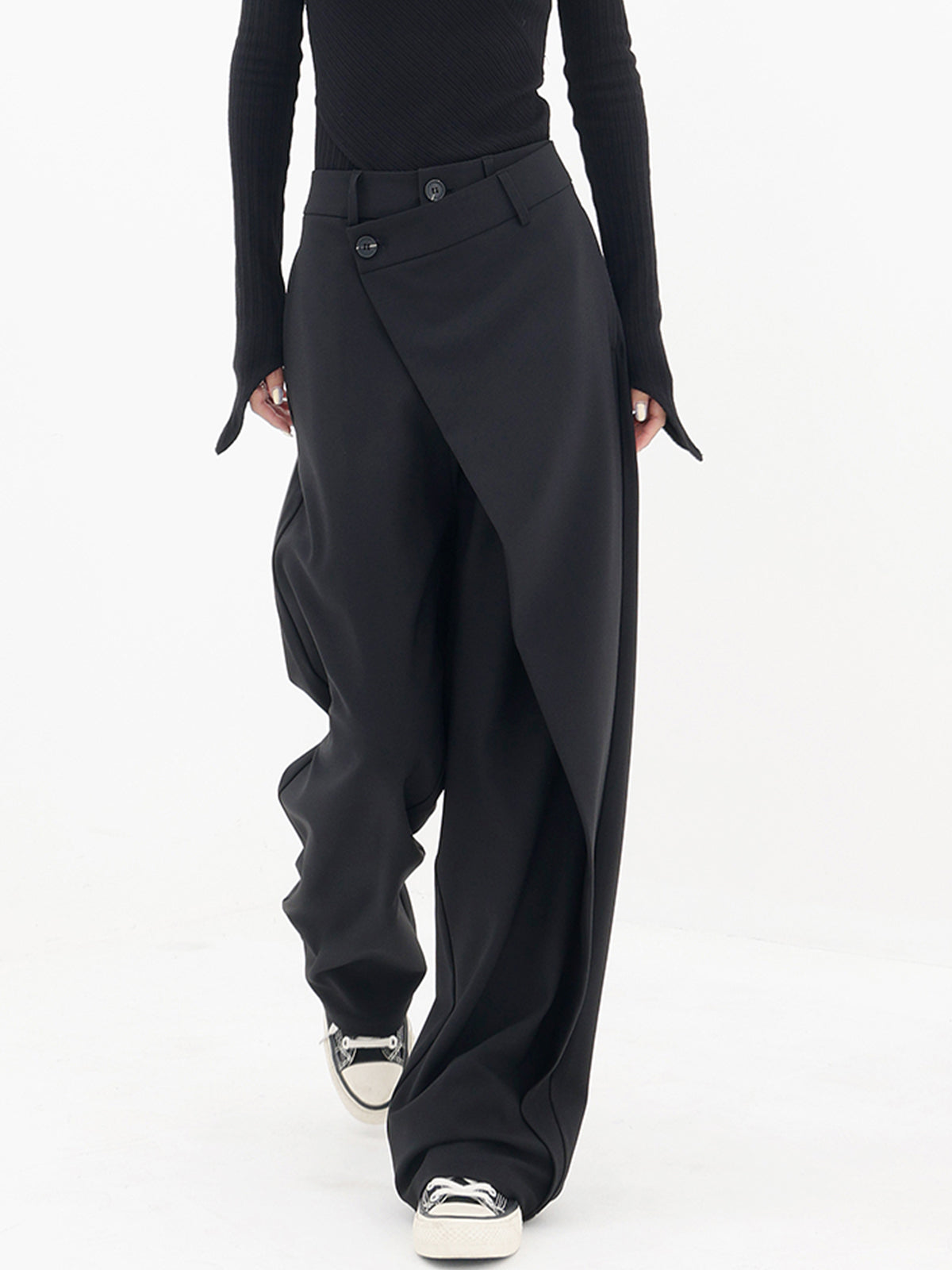Women's Woven Wide-Leg Pants with Wrap Front and Button Waist