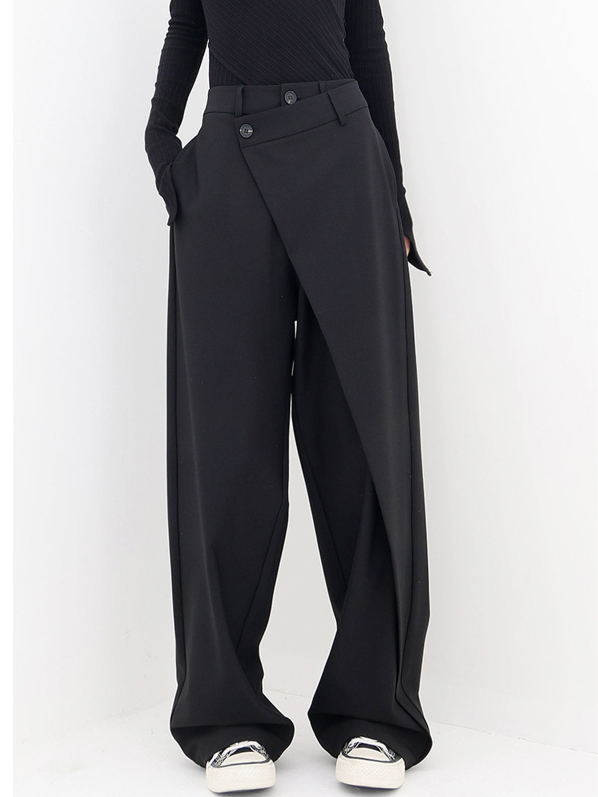 Women's Woven Wide-Leg Pants with Wrap Front and Button Waist