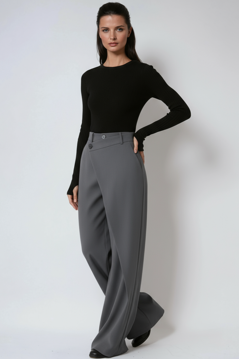 Women's Woven Wide-Leg Pants with Wrap Front and Button Waist