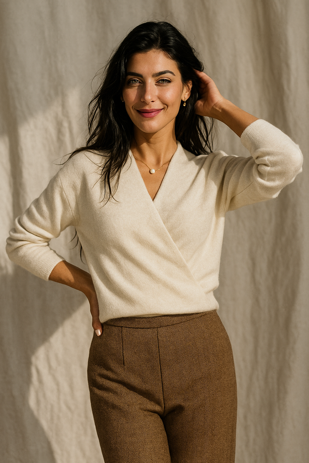 Women's Wrap Sweater in Knit with V Neck and Ribbed Hem
