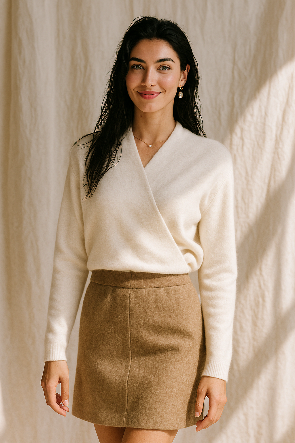 Women's Wrap Sweater in Knit with V Neck and Ribbed Hem