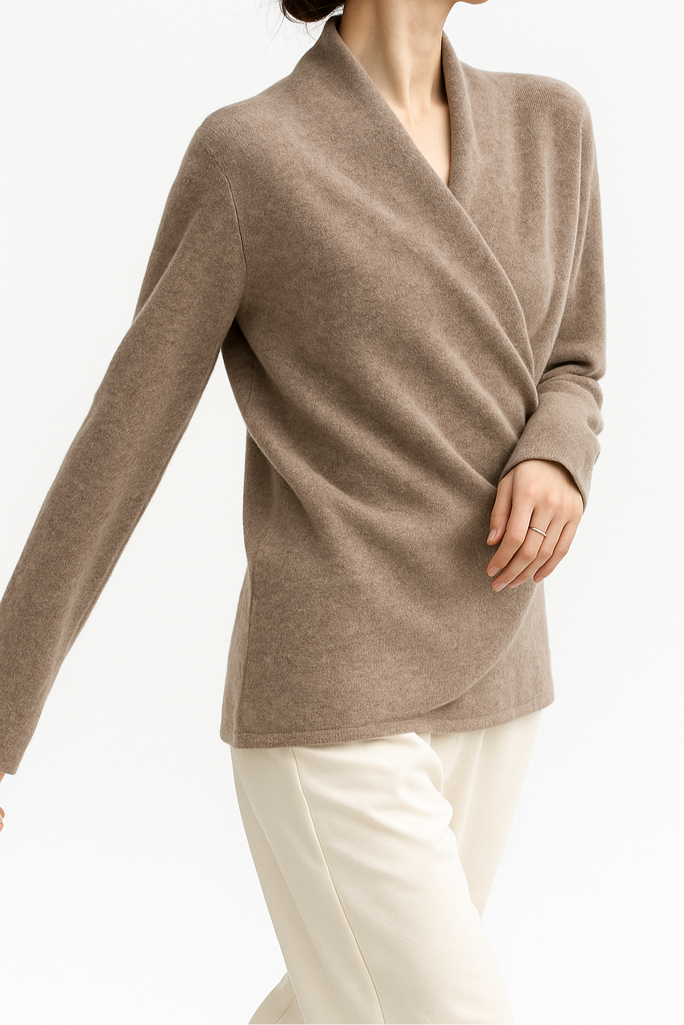 Women's Wrap Sweater in Knit with V Neck and Ribbed Hem