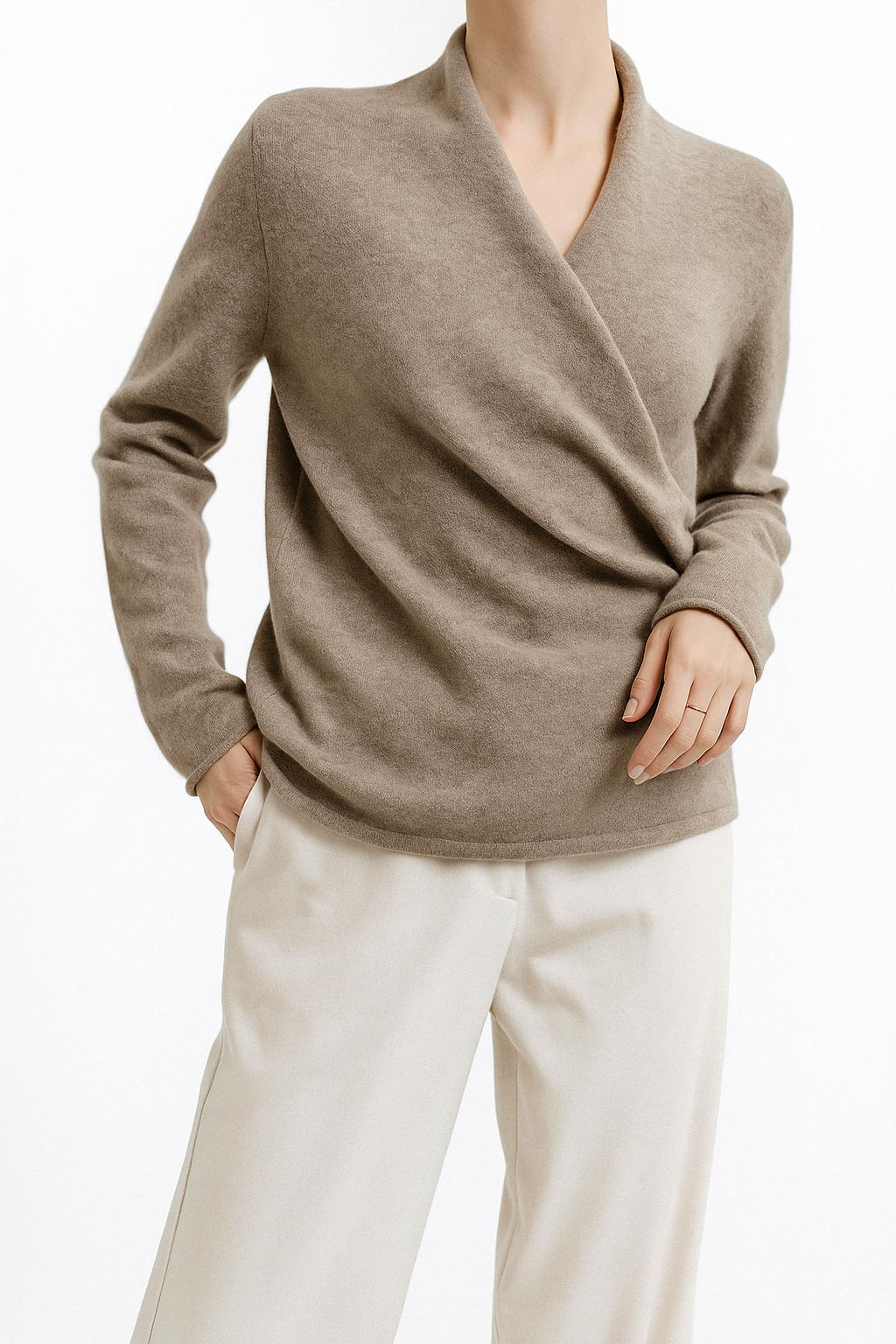 Women's Wrap Sweater in Knit with V Neck and Ribbed Hem