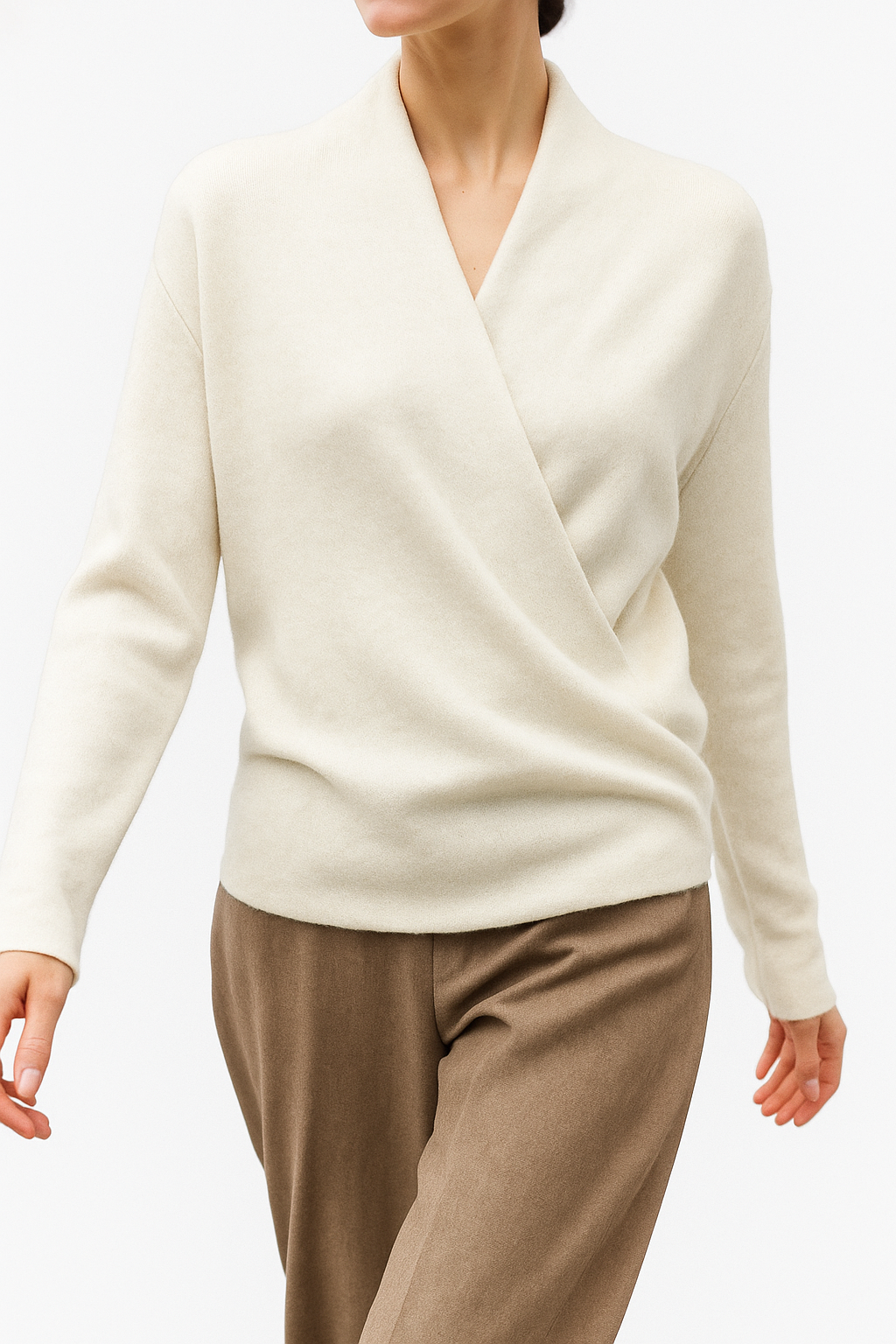 Women's Wrap Sweater in Knit with V Neck and Ribbed Hem