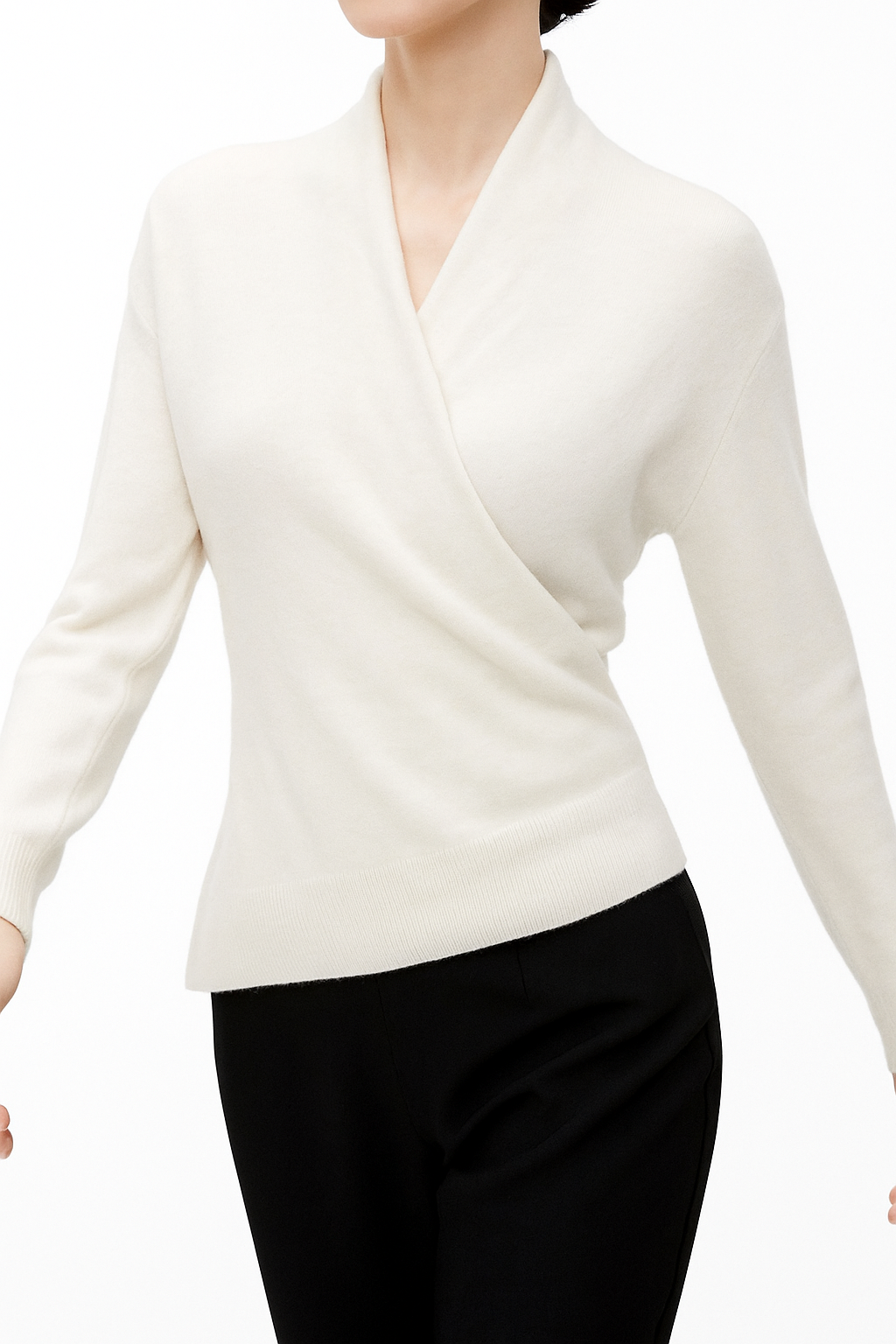 Women's Wrap Sweater in Knit with V Neck and Ribbed Hem