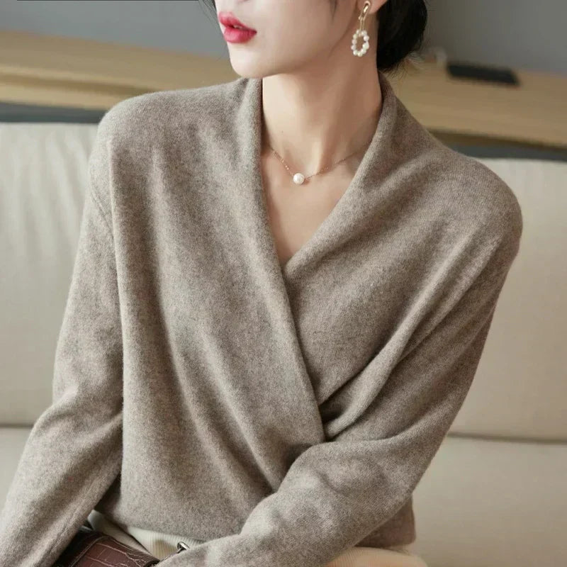 Women's Wrap Sweater in Knit with V Neck and Ribbed Hem