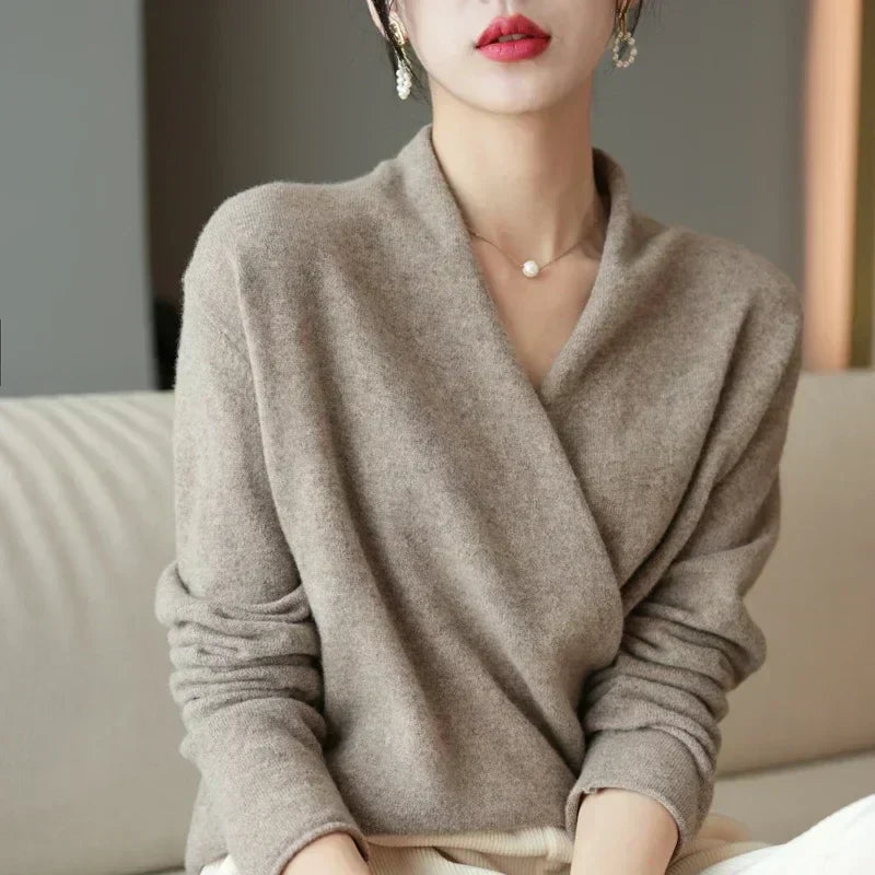 Women's Wrap Sweater in Knit with V Neck and Ribbed Hem