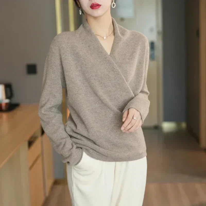 Women's Wrap Sweater in Knit with V Neck and Ribbed Hem