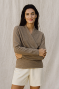 Women's Wrap Sweater in Knit with V Neck and Ribbed Hem