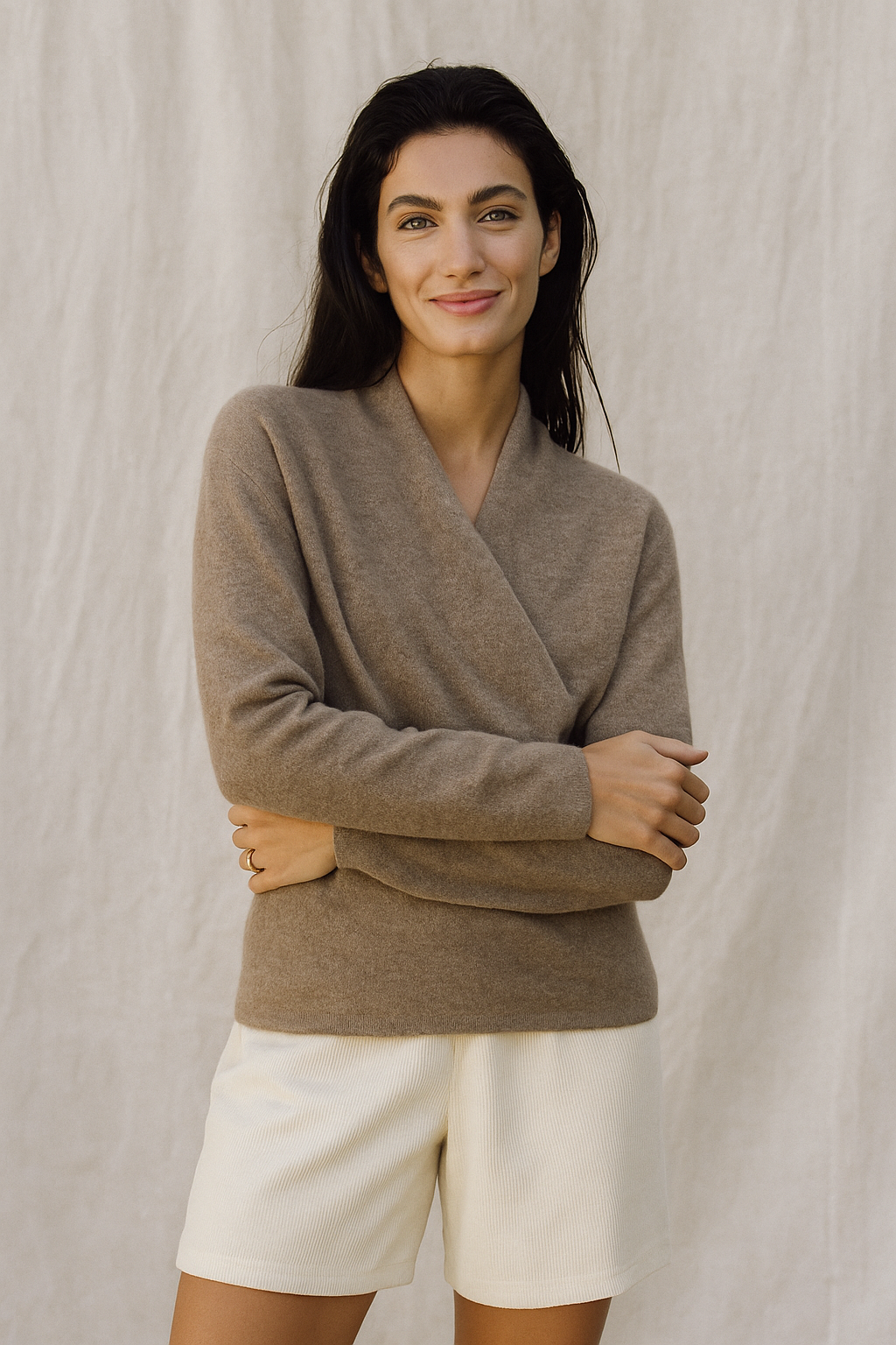 Women's Wrap Sweater in Knit with V Neck and Ribbed Hem