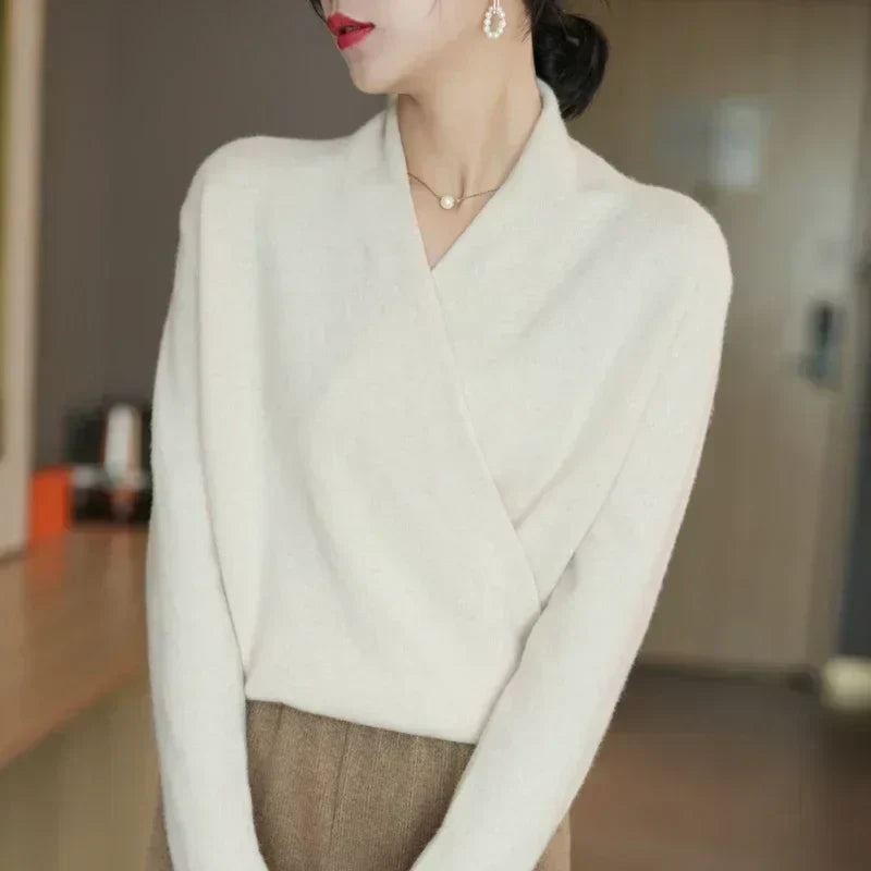 Women's Wrap Sweater in Knit with V Neck and Ribbed Hem