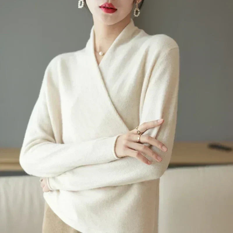 Women's Wrap Sweater in Knit with V Neck and Ribbed Hem