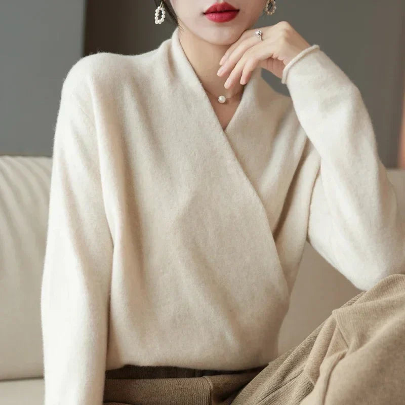 Women's Wrap Sweater in Knit with V Neck and Ribbed Hem
