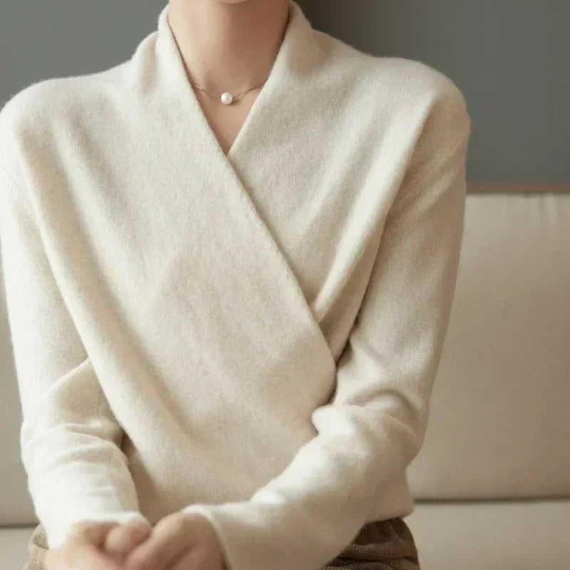 Women's Wrap Sweater in Knit with V Neck and Ribbed Hem