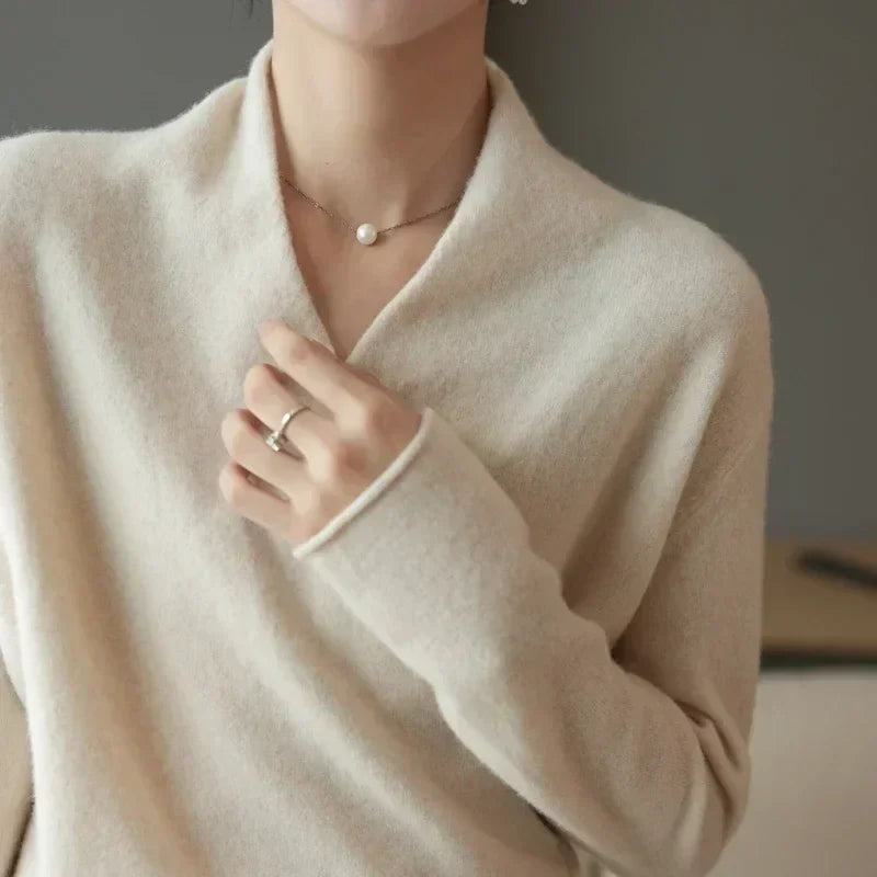 Women's Wrap Sweater in Knit with V Neck and Ribbed Hem