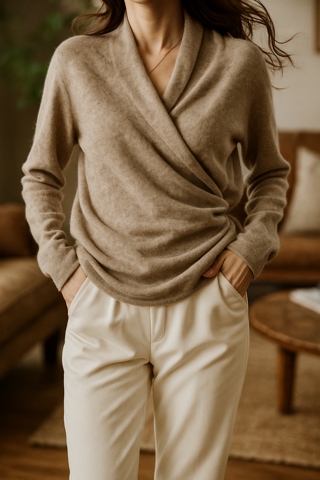 Women's Wrap Sweater in Knit with V Neck and Ribbed Hem