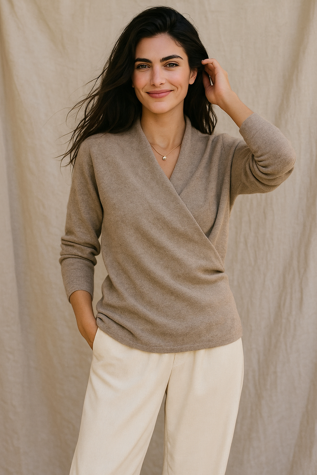 Women's Wrap Sweater in Knit with V Neck and Ribbed Hem