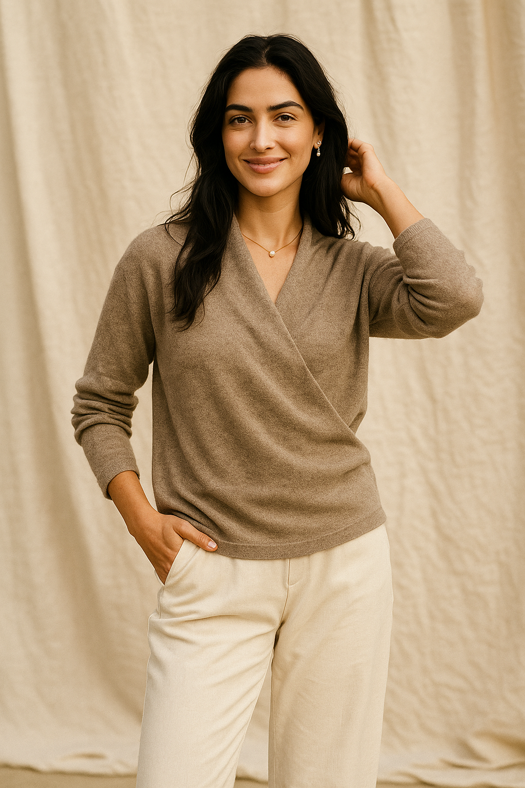 Women's Wrap Sweater in Knit with V Neck and Ribbed Hem