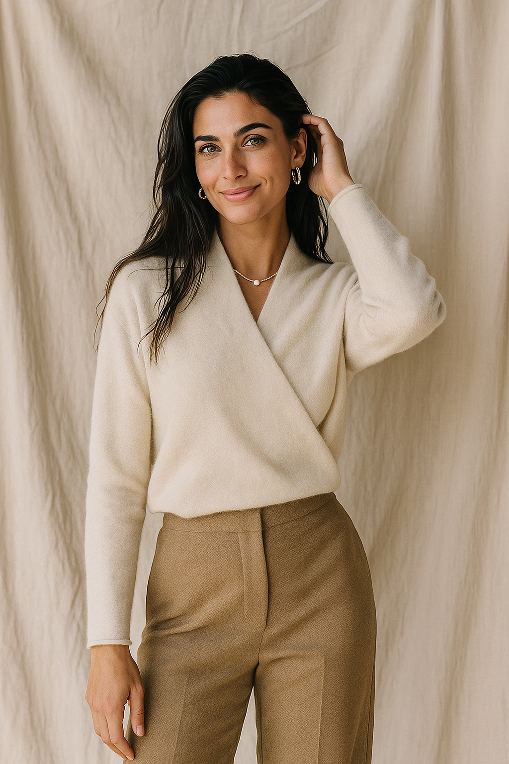 Women's Wrap Sweater in Knit with V Neck and Ribbed Hem