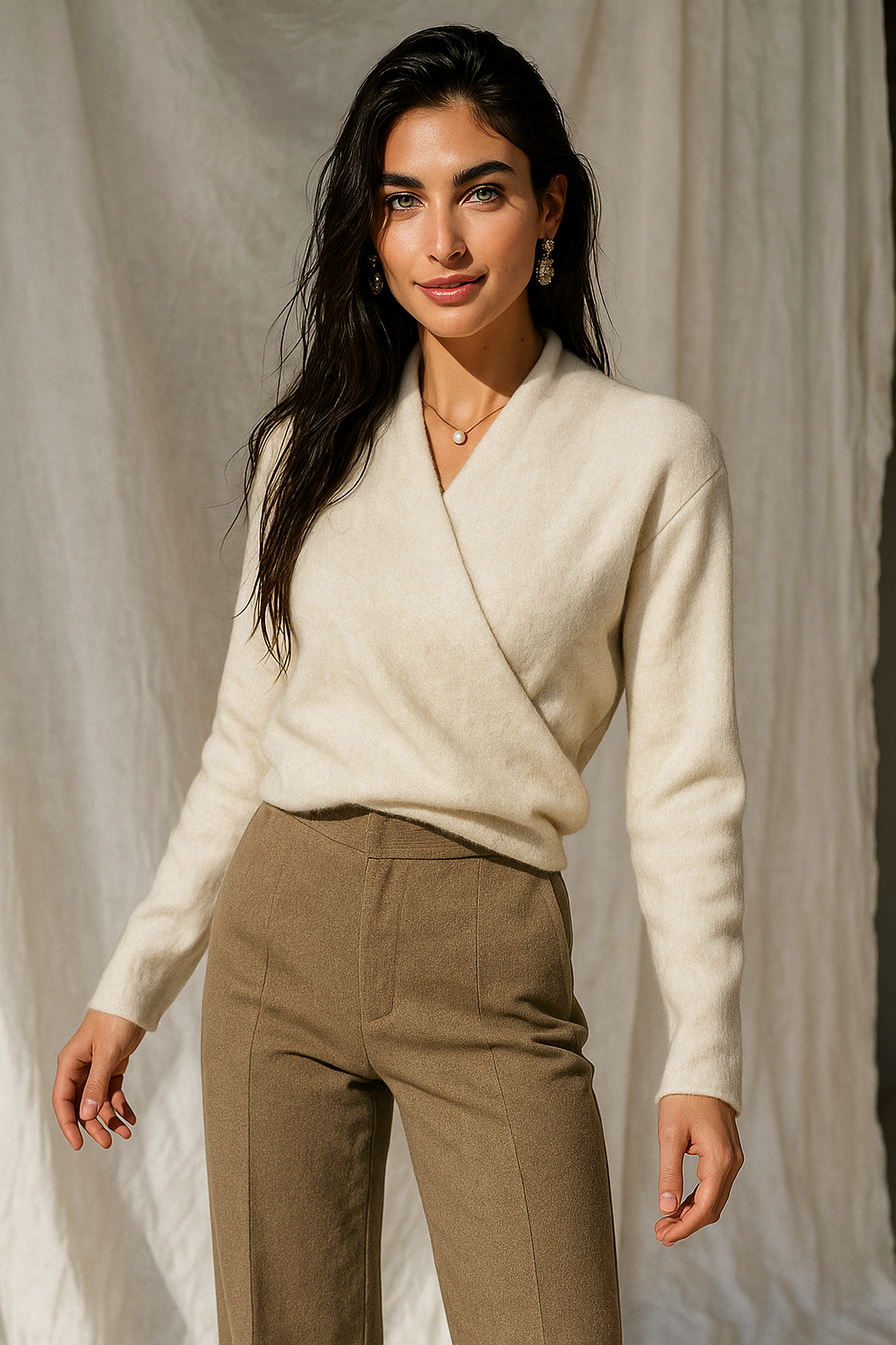 Women's Wrap Sweater in Knit with V Neck and Ribbed Hem