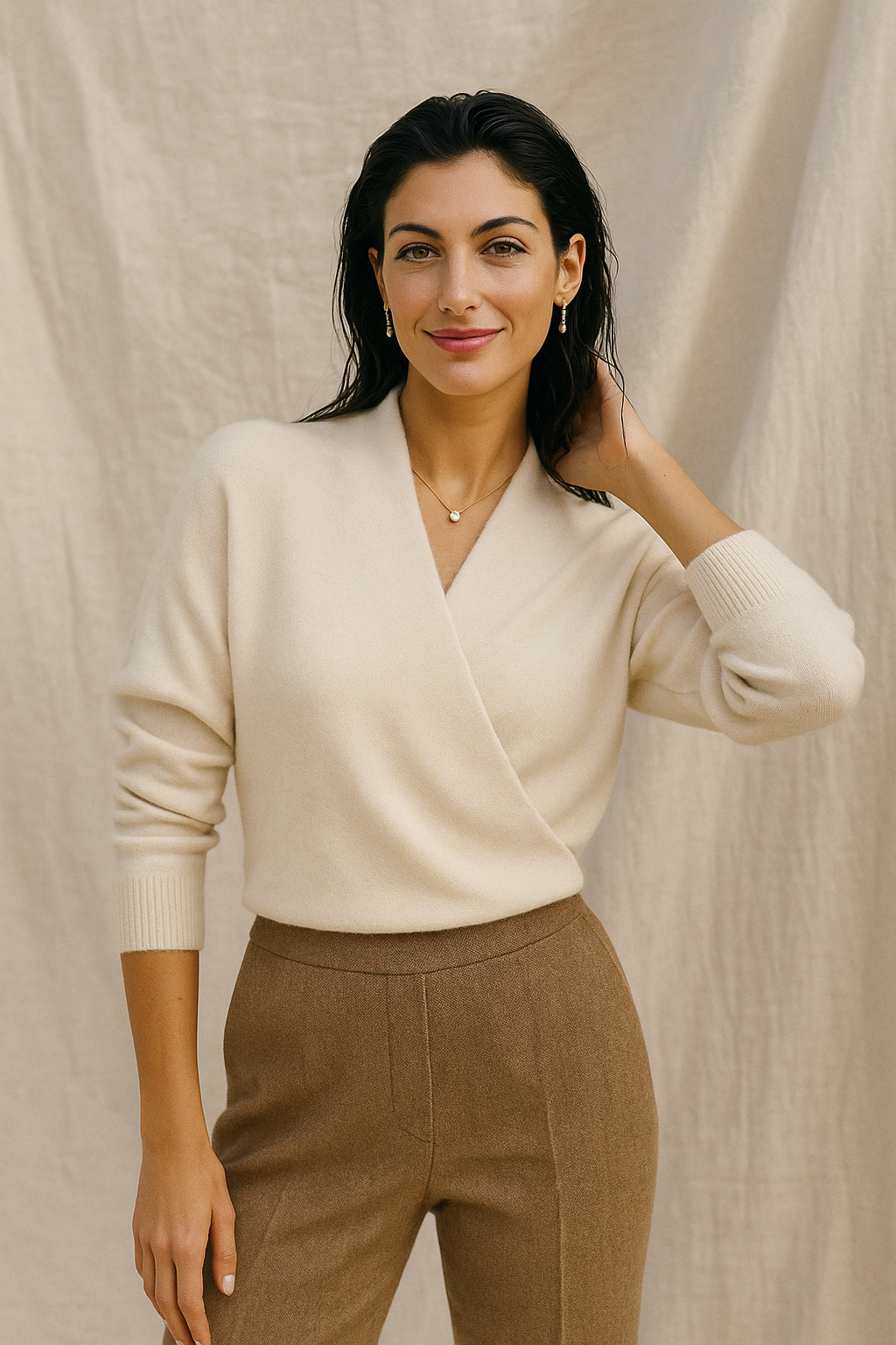 Women's Wrap Sweater in Knit with V Neck and Ribbed Hem
